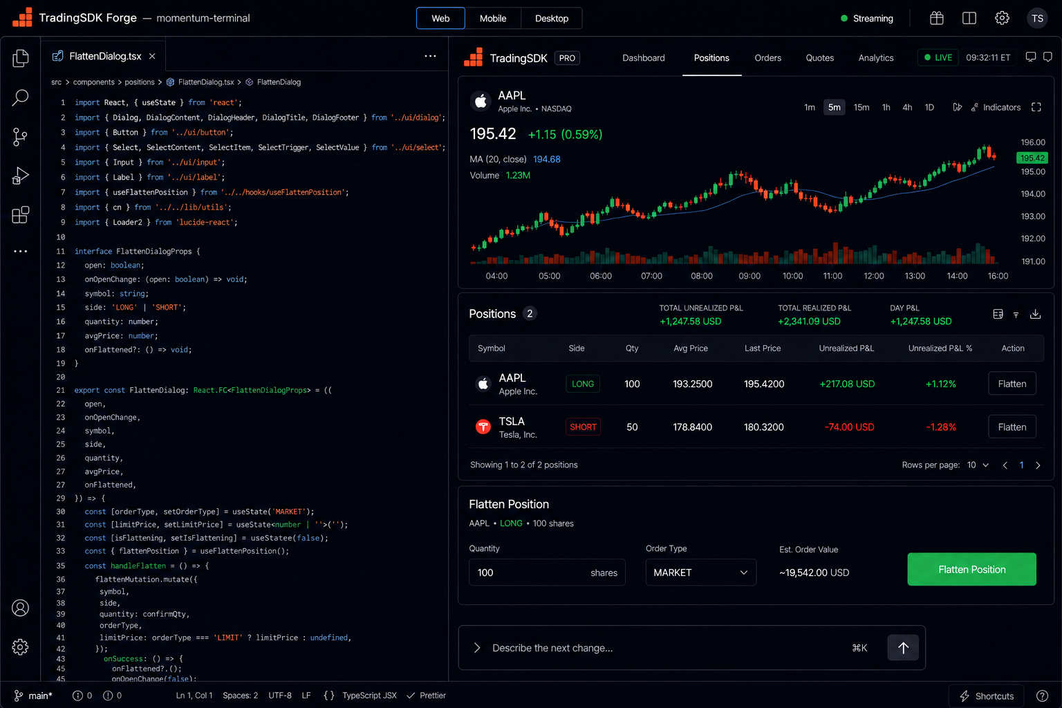 TradingSDK Forge with a code editor and live trading app preview side by side.